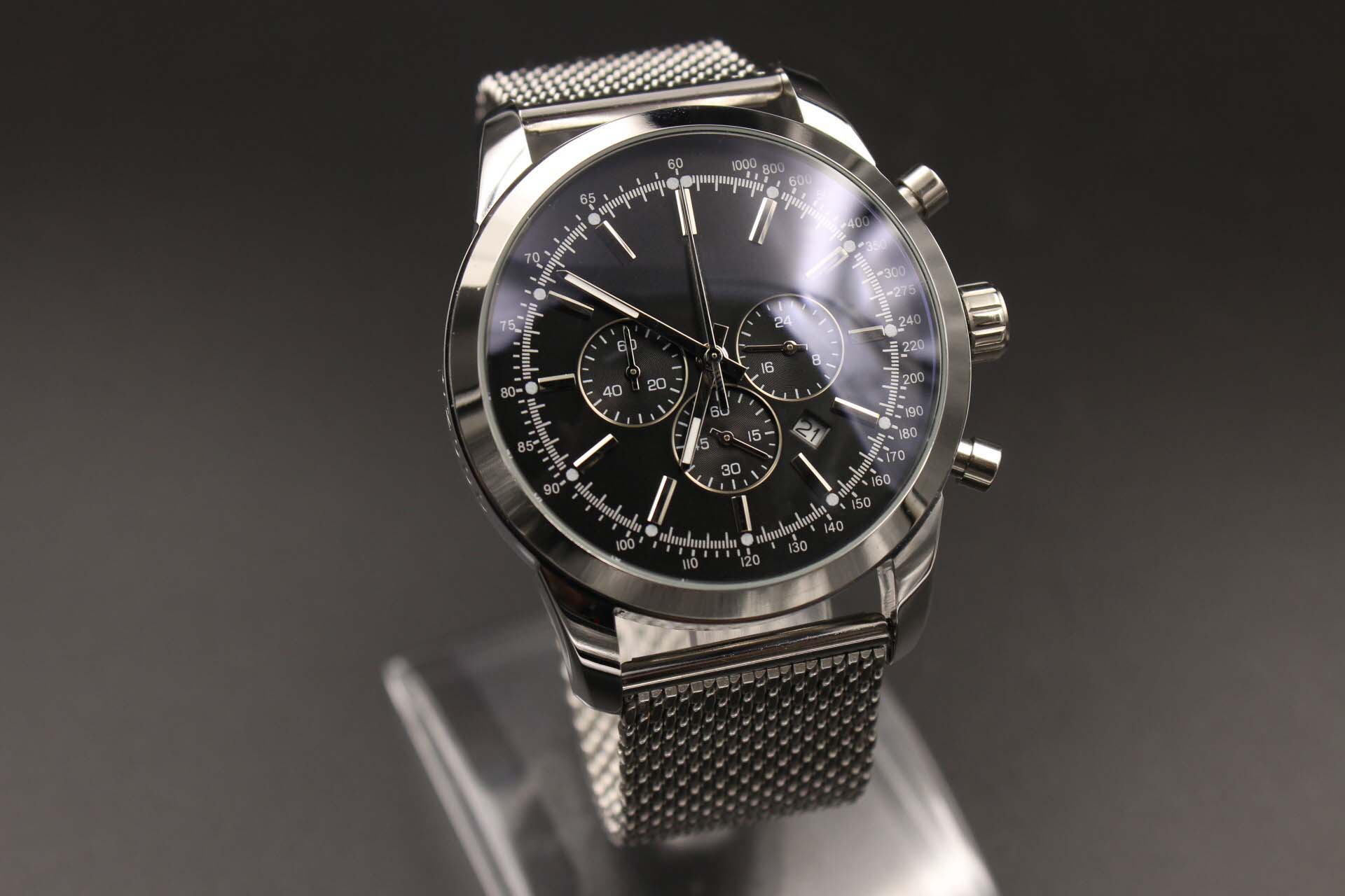 PC man quartz watch stainless steel black dial silver case 1884 Six pin multi function 46mm
PC man quartz watch stainless steel black dial silver case 1884 Six pin multi function 46mm