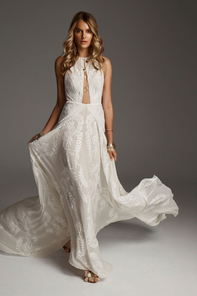 2019 Bohemian Wedding Dresses Jewel Neck Lace Embroidery Sweep Train Mermaid Wedding Dress Sleeveless Hollow Back Beach Bridal Gowns Custom