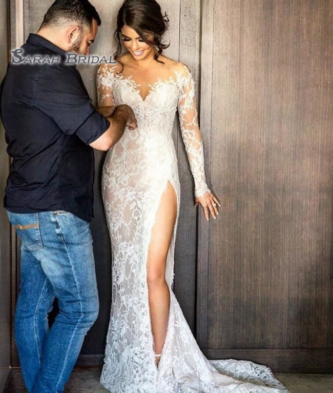 Satin Sheath Bride Dress with Overskirt Hight Split Beach Sexy Long Sleeves Backless Evening Wear Formal Gown Highend Weddin