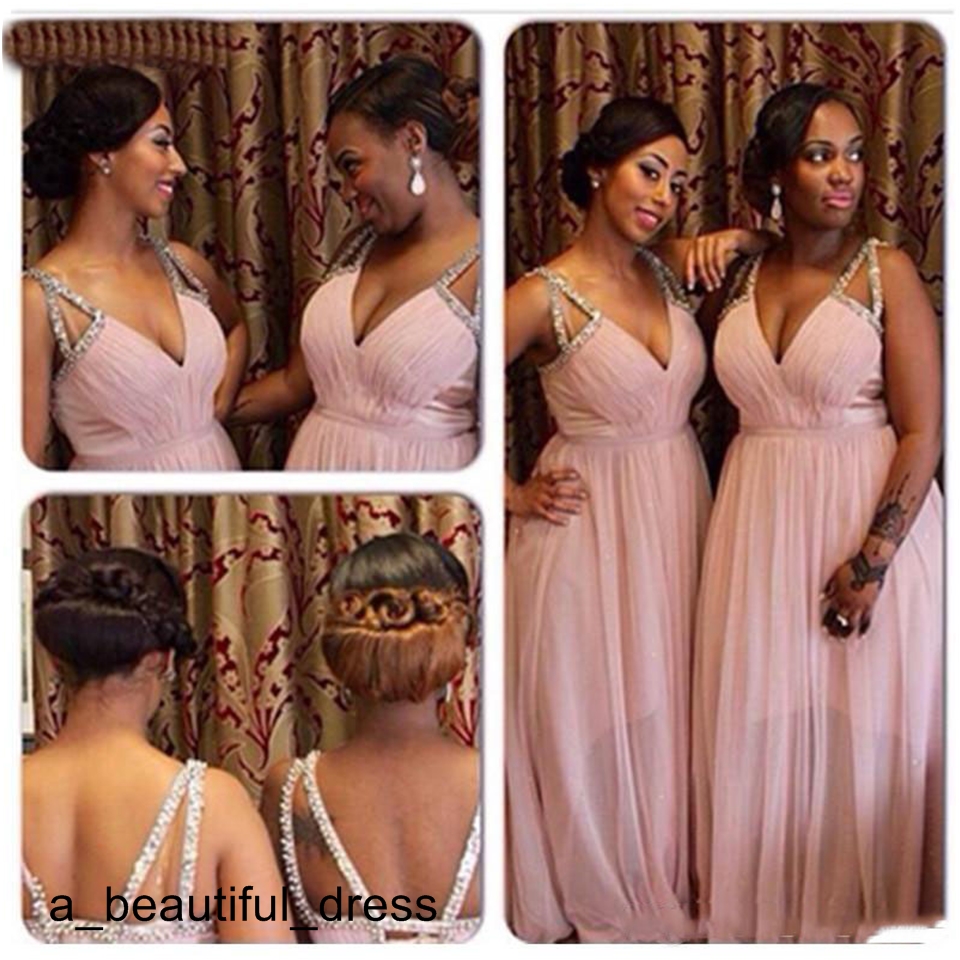 New Pleated Deep V Neck Crystal Chiffon Transparent Long Bridesmaid Dress Plus Size Prom Gown Wedding Cross Straps Custom