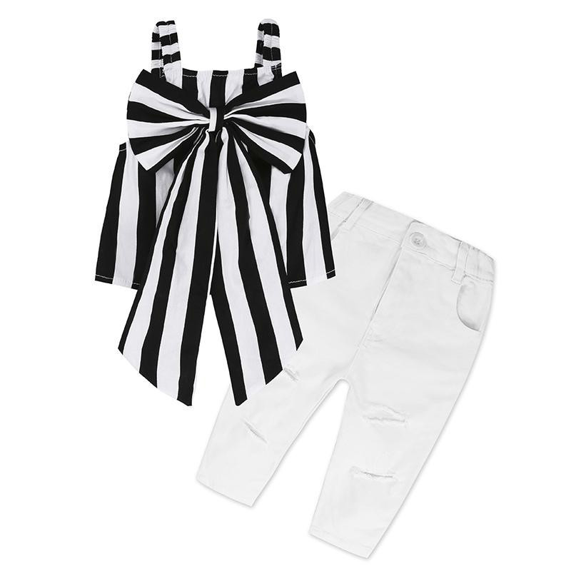 Discount Fashion Girls Suit Stripe Tops +Pants 2 Pieces The Strapless Set Kids Bowknot Hole White Pants Childrens Clothing Set