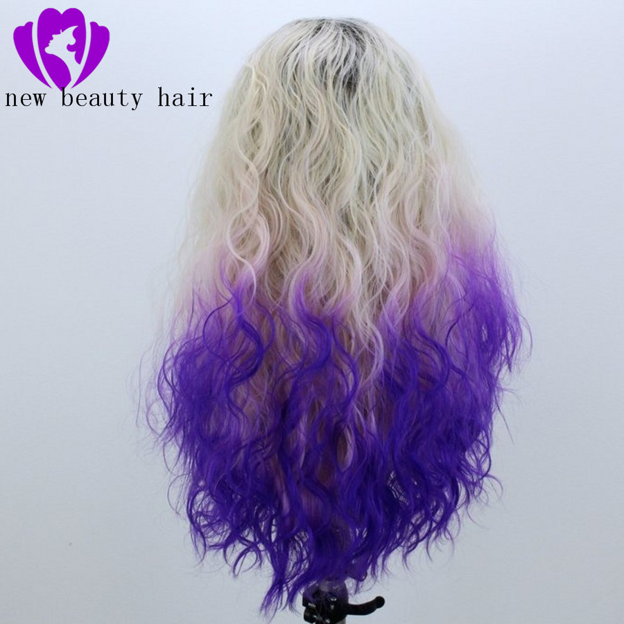 Free Part High Temperature Fiber blonde ombre purple wig Peruca Cabelo 360 Frontal Long water Wave Full Hair Wigs Synthetic Lace Front Wig