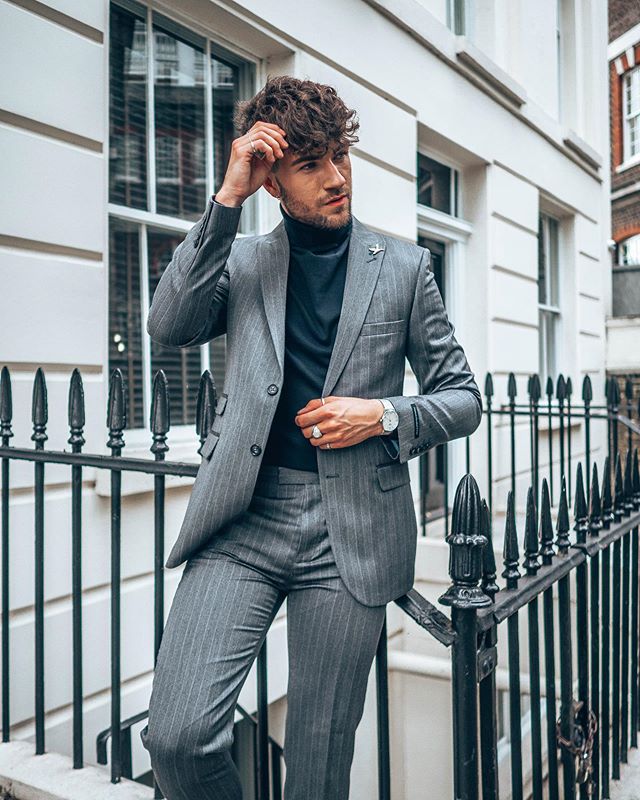 Vintage Gray Stripe Mens Wedding Suits Slim Fit Two Button Peaked Lapel Groom Wear Tuxedos Formal Prom Blazer Jacket (Jacket+Pants)
