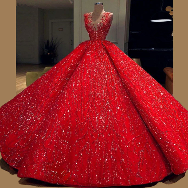 Luxurious Sequined Satin Arabic Prom Dresses 2020 Sleeveless V Neck robes de soirée Sweep Train Red Ball Gown Evening Dress