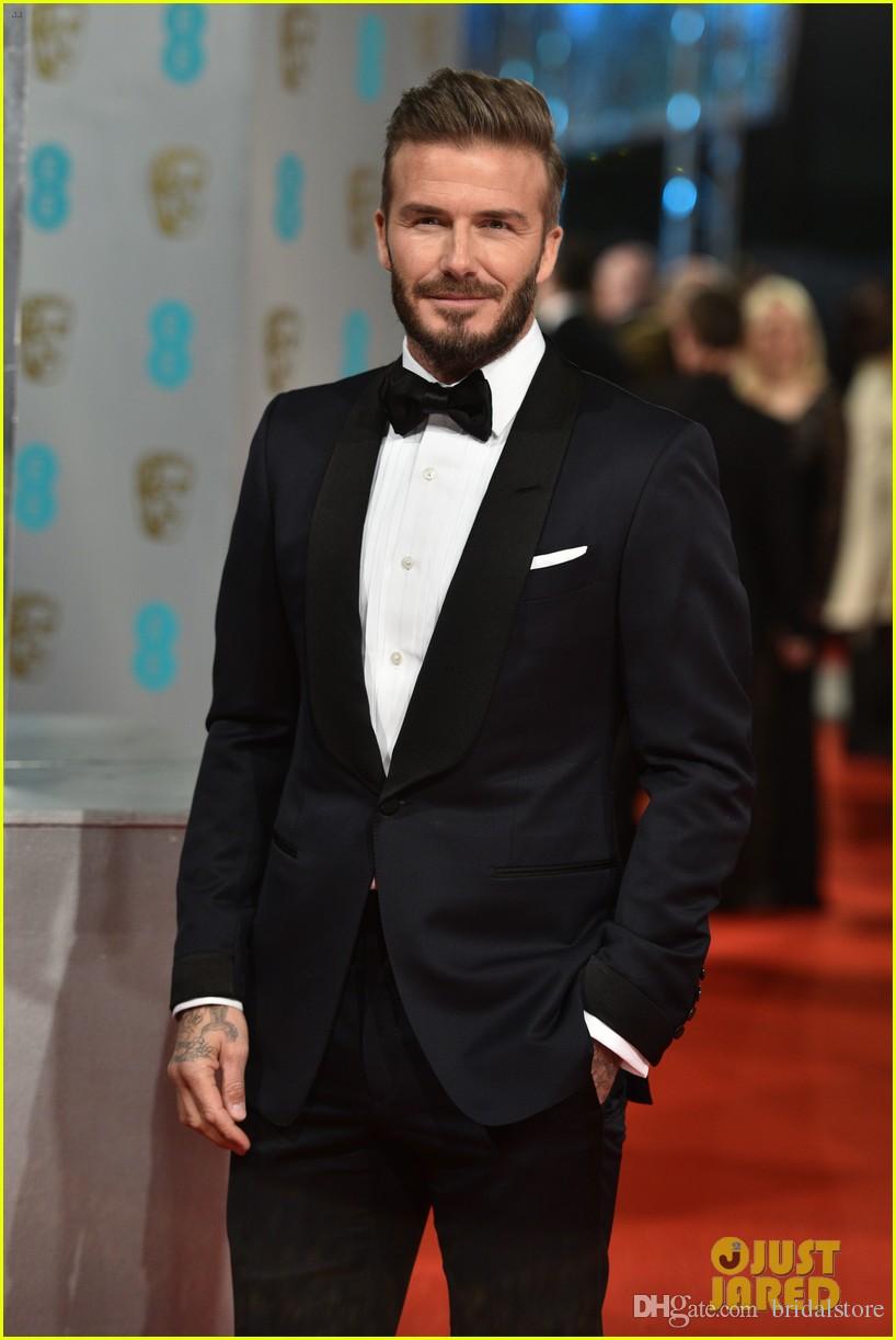 Black Tuxedos custom made beckham red carpet dresses for men Fine Mens Wedding Suits With Pants Satin Black Lapel Beach Garden Best groom
