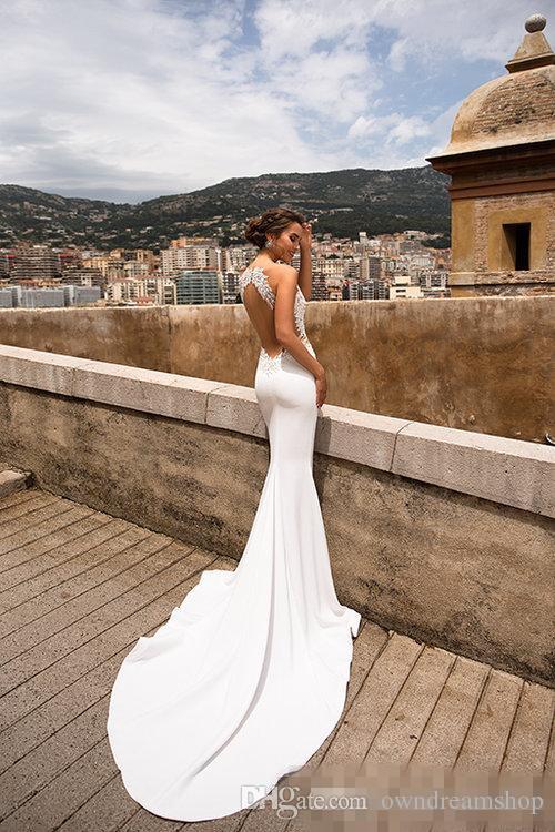 Sexy Berta Mermaid Dresses Sheer V Neck Lace Appliqued Bridal Gowns Sweep Train Backless Beach Wedding Dress