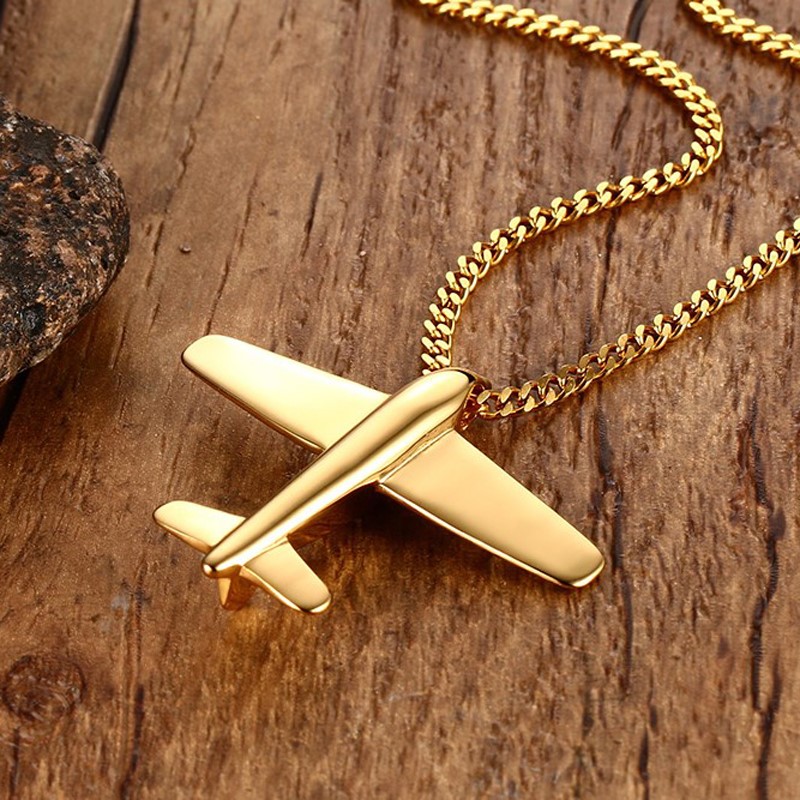 Men's Stainless Steel Airplane Pendant Necklace Gold-Color Aircraft - 24" Chain PN-678