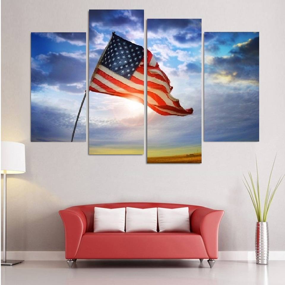 4pcs/set Unframed USA Flag Flying Under the Sun Oil Painting On Canvas Giclee Wall Art Painting Art Picture For Home Decor