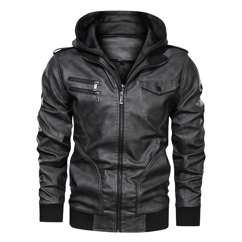 Spot Leather winter men's removable cap washed pu jacket large size casual motorcycle men