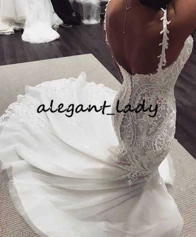 lace applique wedding dresses modern spaghetti backless sweep train trumpet garden beach bride wedding gown vestido de noiva