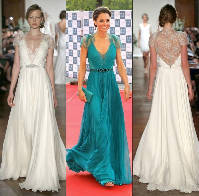 Designer Red Carpet Celebrity Kate Middleton Dresses Blue Lace Chiffon Prom Evening Dress Sexy See Though Back Special Occasion Formal Gowns