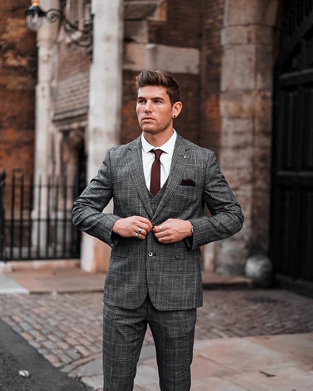 High Quality Plaid Wedding Tuxedos Notched Lapel Slim Fit Two Button Groom Wear Formal Party Prom Men Suit Blazer(Jacket+Pants)