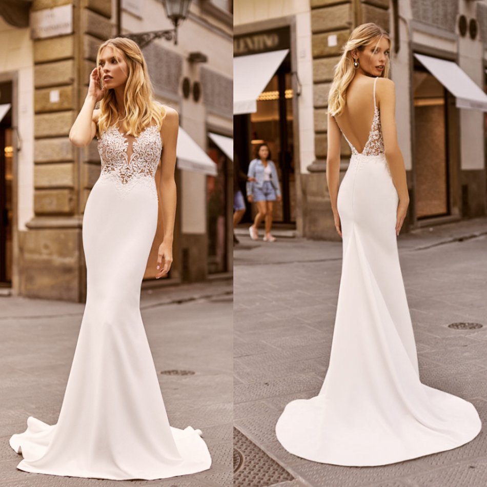 2020 Berta Mermaid Wedding Dresses V Neck Lace Applique Backless Satin Wedding Dress Sweep Train Elegant Bridal Gowns Vestidos De Novia
