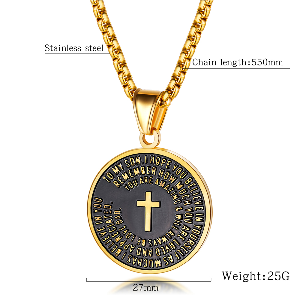 Retro Men Stainless Steel Round Card Pendant Necklace Titanium Steel Religious Pendants Jewelry Wholesale Gold Plated