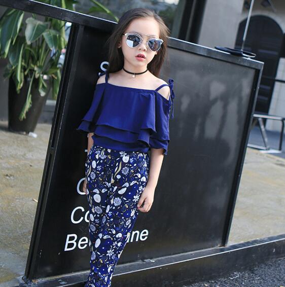 Girl Boutique Clothing Sets Baby Off Shoulder Tops Pant Set Chiffon Tee Shirt Floral Print Pants Children Beachwear Suit GGA3508-3