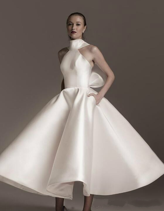 High Collar Elegant Wedding Dress With Pockets Ruffles Bow Satin Bridal Gowns Custom Made Fashion Short Wedding Dresses 2020