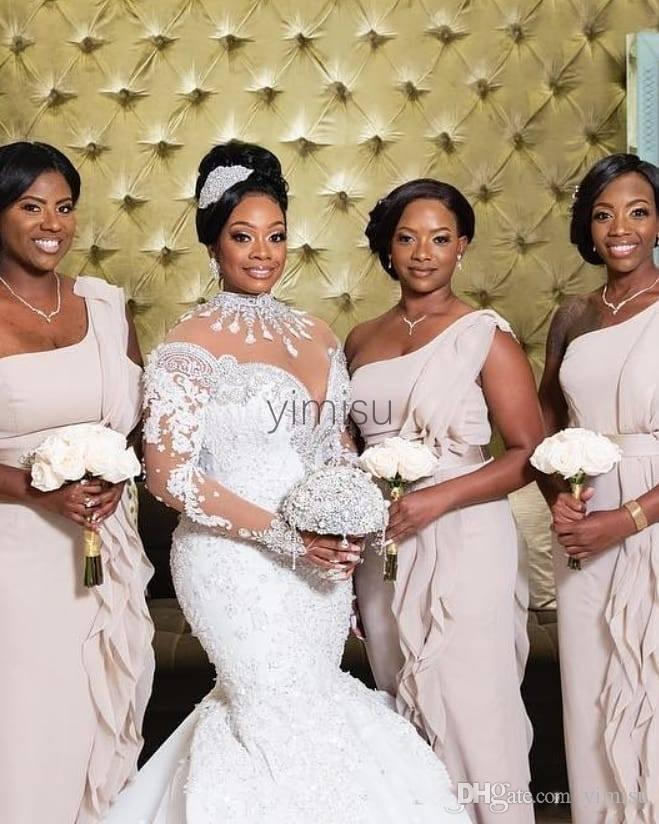 Plus Size Mermaid Dresses African Beaded Jewel Neck Chapel Train Long Sleeves Wedding Dress Bridal Gowns vestidos de novia