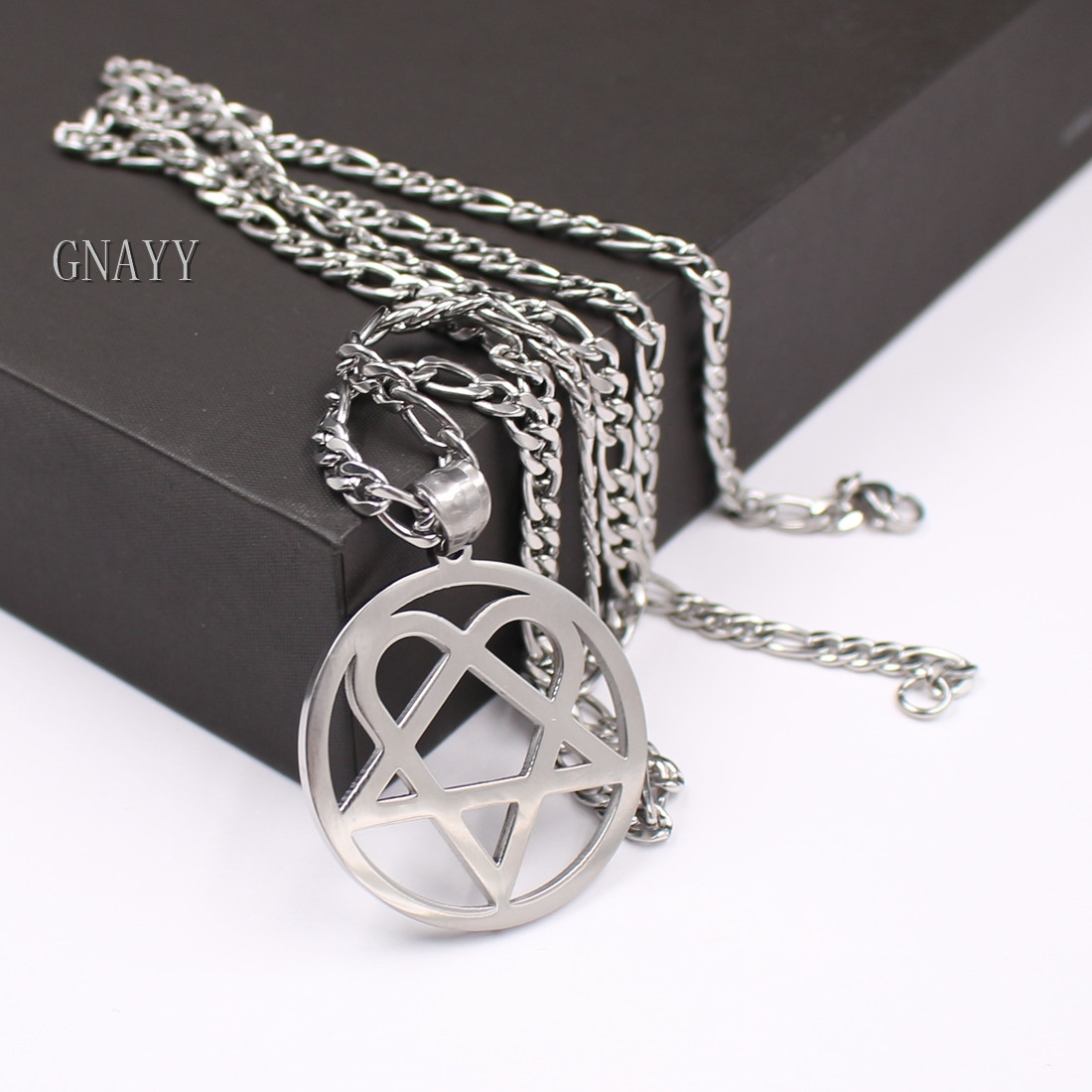 Best price Punk jewelry Him Necklace Stainless Steel Heartagram Pendant Merch Logo Symbol Silver 4mm 24" curb Chain
