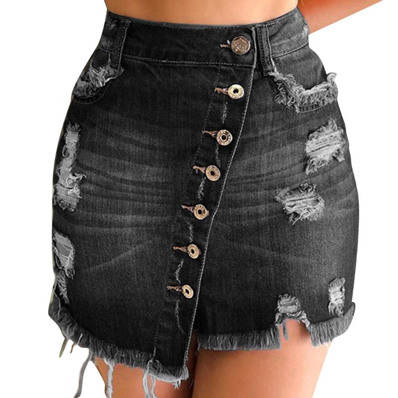 Plus Size Mini Skirts Womens Summer 2019 Streetwear Casual Denim Skirt Hole Button Women Skirt Faldas Mujer Moda 2019