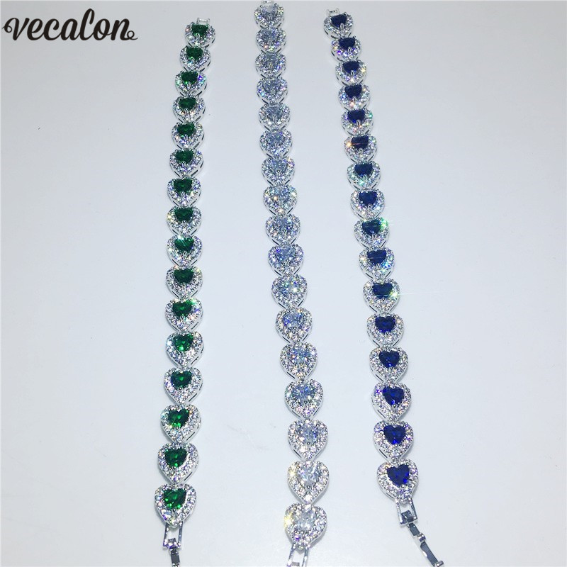 Vecalon 3 colors Lovers Heart shape Bracelet 5A Cubic Zirconia White gold filled Party wedding Bracelets for women Jewelry