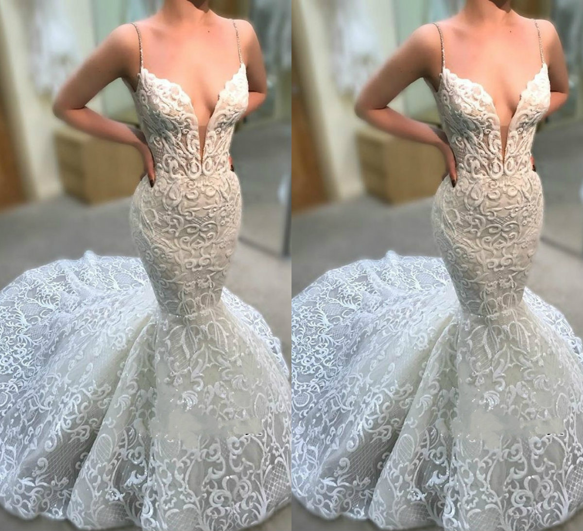 2019 Sexy Mermaid Wedding Dresses Spaghetti Beads Lace Appliqued Sweep Train Beach Boho Wedding Dress Custom Plus Size Beach Bridal Gowns