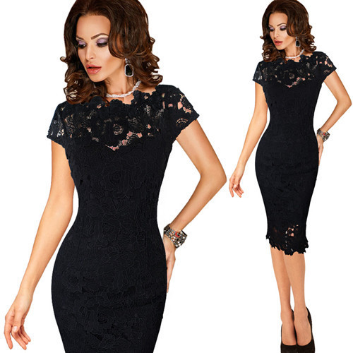 

Crochet O-neck Work Office Womens Stylish Elegant Applique embroidery Bodycon Female Sheath Party Dress, 001