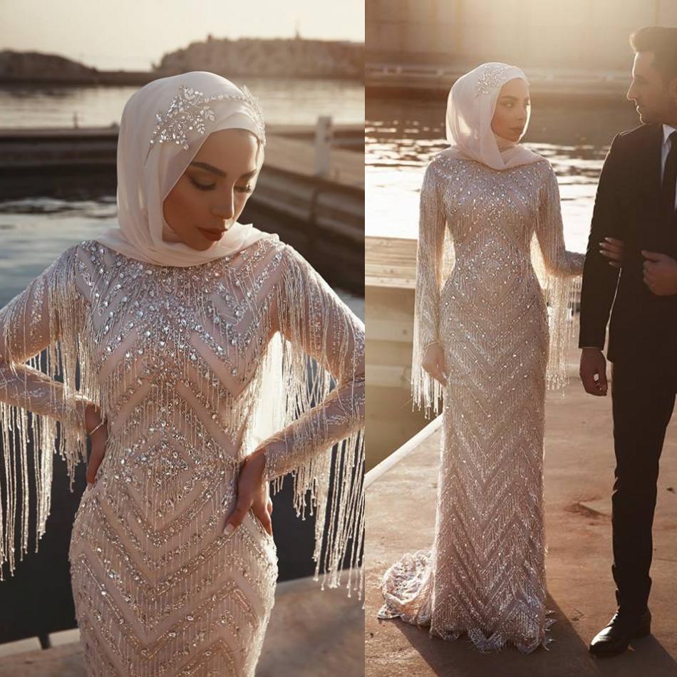 Luxury Muslim Mermaid Prom Dresses Long Sleeves Crystal Tassels Beading Sweep Train Formal Evening Gowns robes de soirée