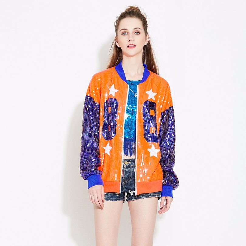 Streetwear Casual Oversized Loose Hip-Hop Logo Sequined Bomber Jacket Clubwear Women Long Sleeve Front Zipper Sequin Coat