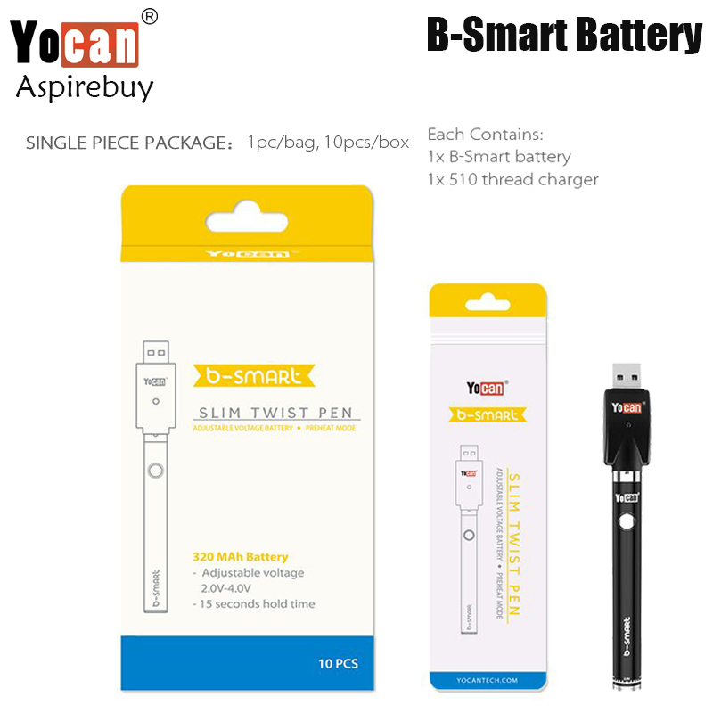 Yocan B-Smart Battery with Charger 320mAh Twist Variable Voltage 2.0V-4.0V Preheat For 510 Thread Atomizer 5 Colors Yocan bsmart Authentic
Yocan B-Smart Battery with Charger 320mAh Twist Variable Voltage 2.0V-4.0V Preheat For 510 Thread Atomizer 5 Colors Yocan bsmart Authentic