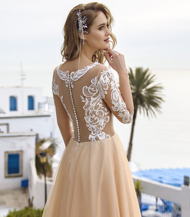 Line Bohemian A Lace Beach Wedding Dresses Sheer Bateau Neck Long Sleeves Bridal Gowns Tulle Floor Length Robe De Marie