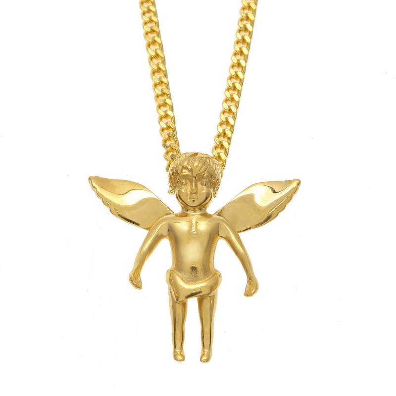 Fashion- Hip Hop Necklace Gold Stainless Steel Baby Angle Pendant Necklaces Cuban Link Chain Mens Jewelry