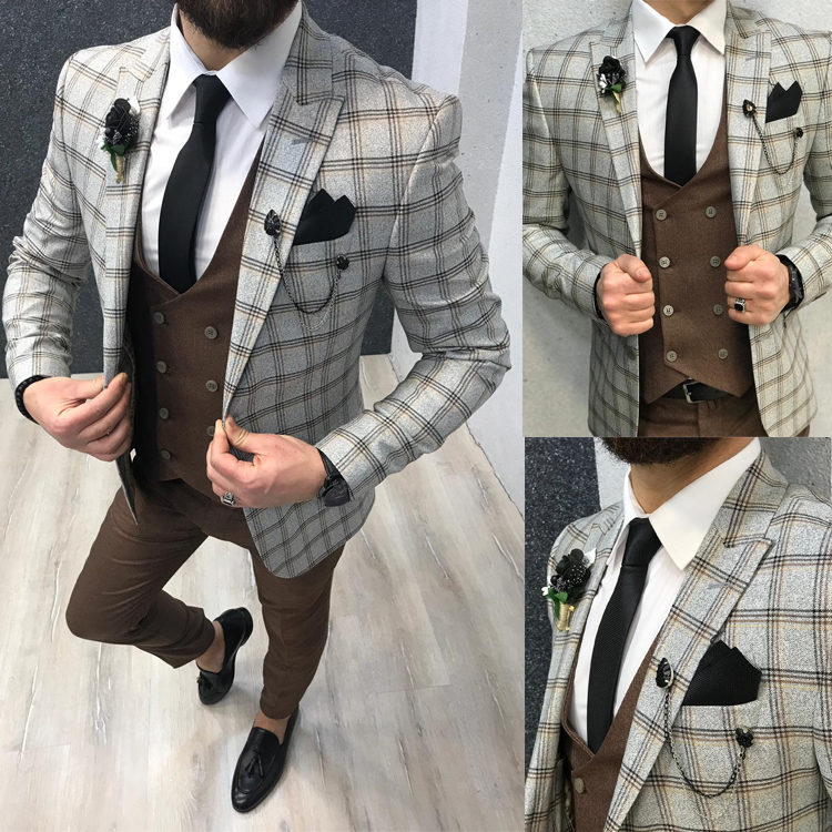 Classic Plaid Mens Wedding Designer Jackets One Button Slim Fit Groom Wear Peaked Lapel 1 Pieces Men Prom Blazer