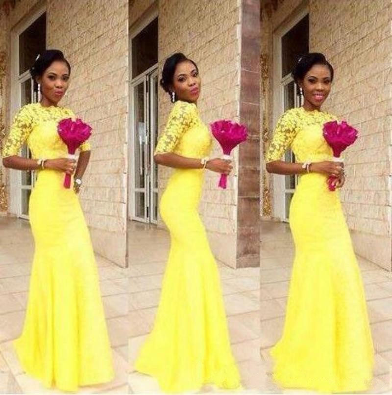 Spring 2019 Yellow Bridesmaid Dresses Long Jewel Neck Mermaid Floor Length Half Length Sleeves Lace and Chiffon Maid of Honor Dresses Party