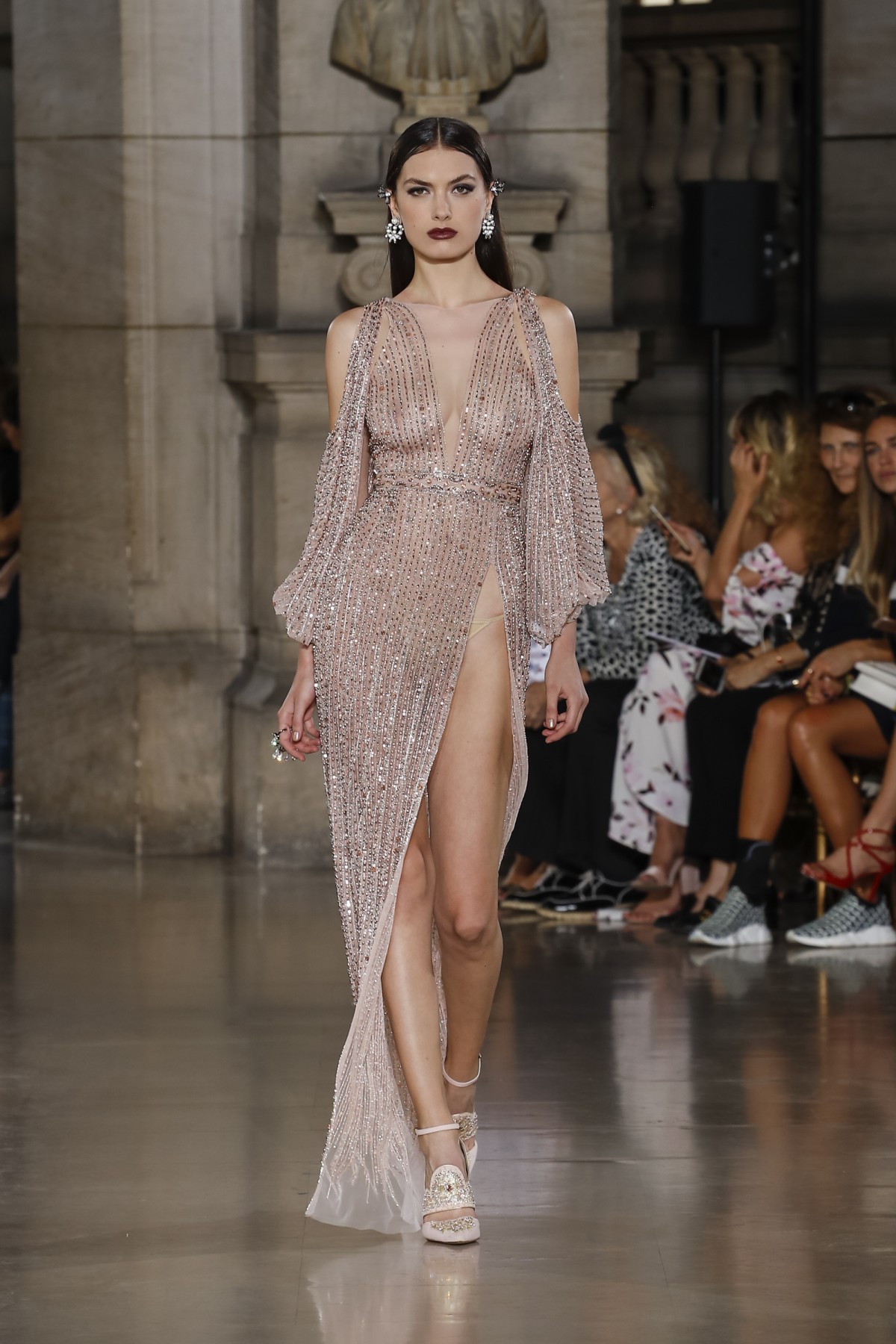 2019 Sexy Illusion Prom Dresses Thigh High Slits Women Evening Special Occasion Dress Georges Hobeika Major Beading Party Gowns