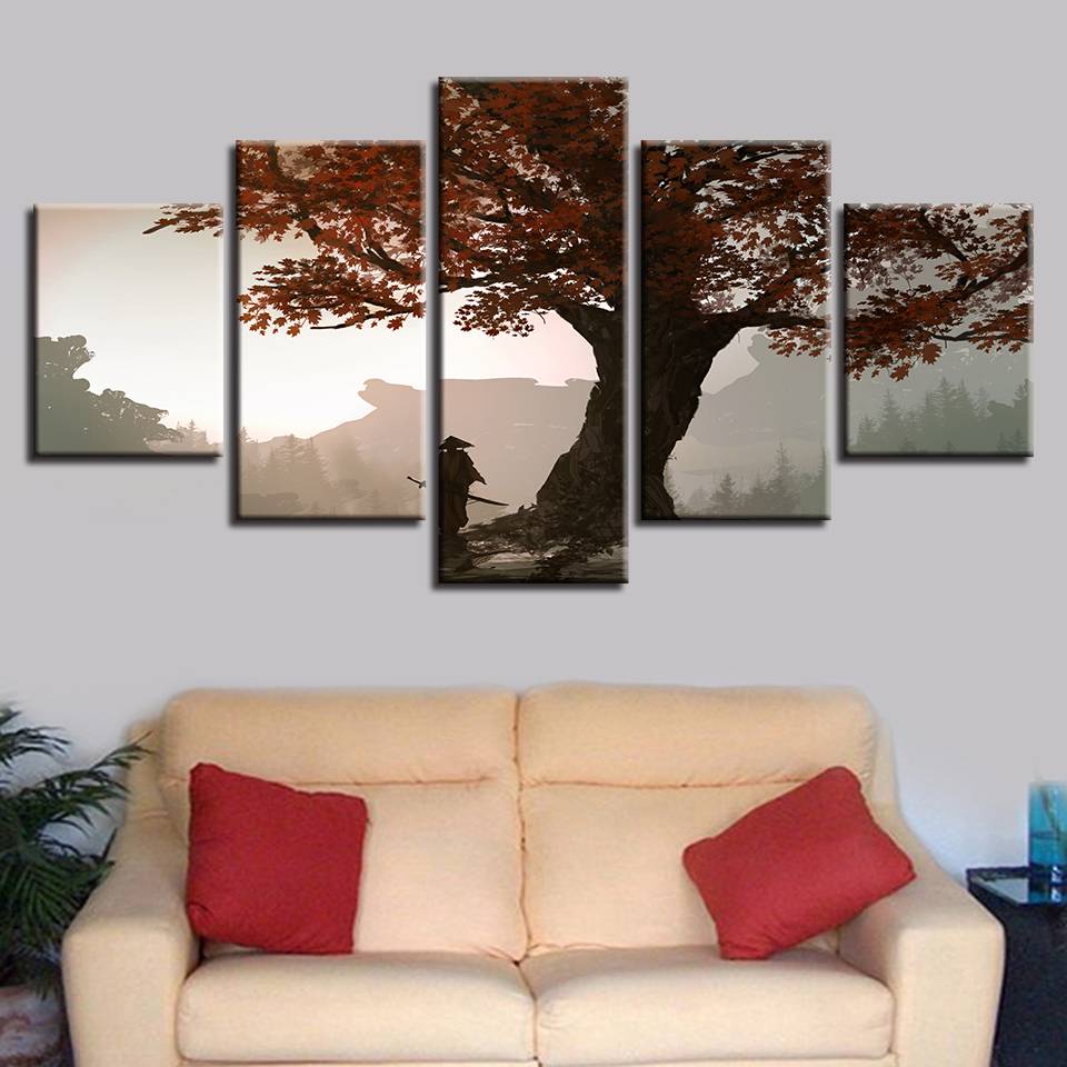 Canvas HD Prints Modular Pictures Home Decor 5 Pieces Samurai Anime Paintings Wall Art Maple Tree Poster Living Room(No Frame)