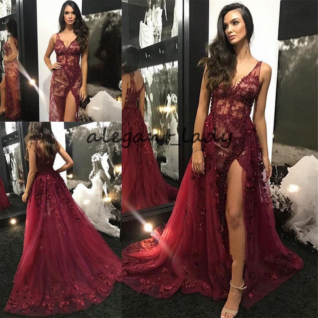 Burgundy Lace Applique Prom Formal Dresses with Detachable Train 2019 V-neck Sexy Slit Pearls Beaded Abiye Elbise Evening gowns wear