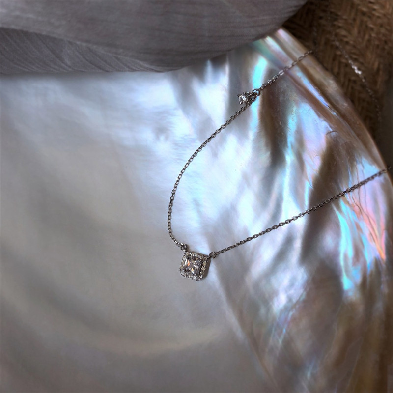 New Simple 925 Sterling Silver Necklaces&Pendants Authentic Silver White CZ Zircon Square Pendant Necklace For Women