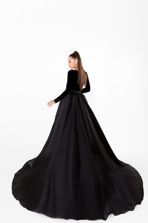Black Evening Dresses V Neck Velvet A Line Sweep Train Satin Skirt Long Sleeve Cheap Prom Dress Sexy High Split Formal Occasion Gowns