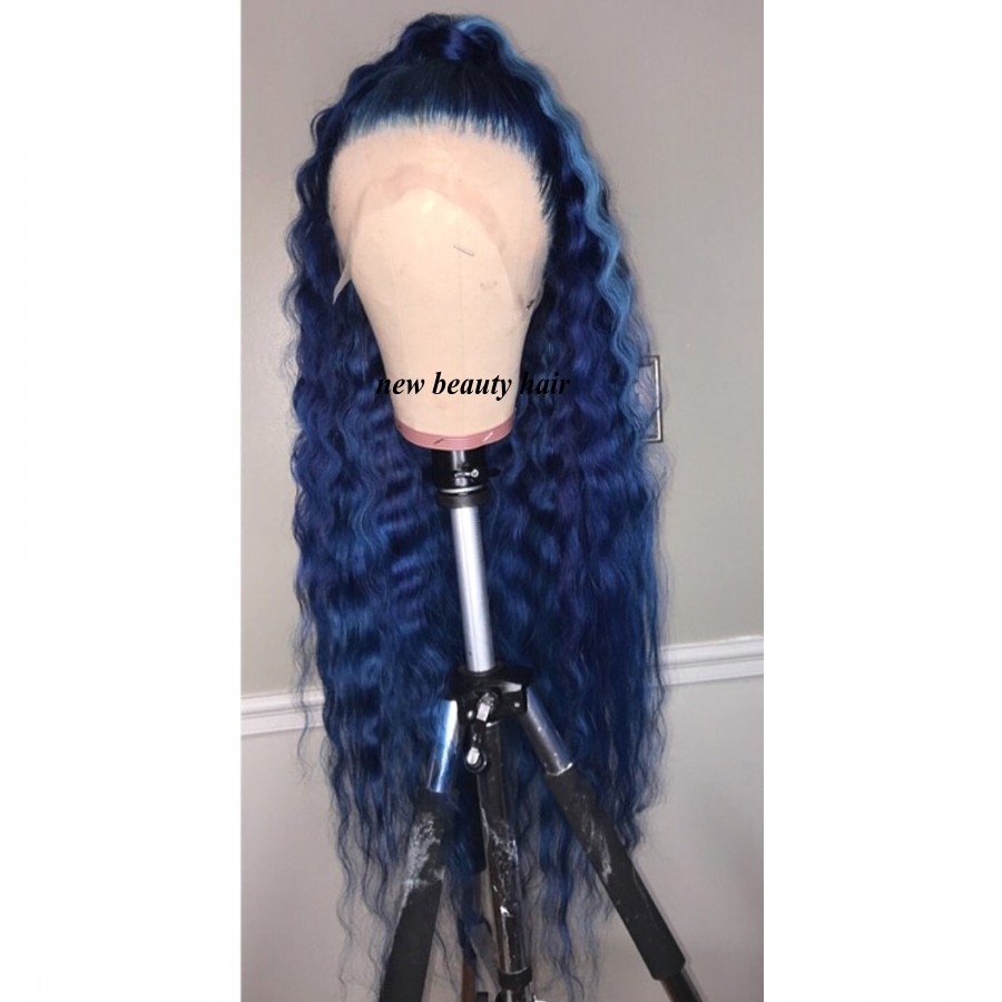 Hotselling 360 lace frontal Long water wave wig dark blue color Synthetic Lace Front Wig With Pre Plcuked Baby Hair Wigs For Women