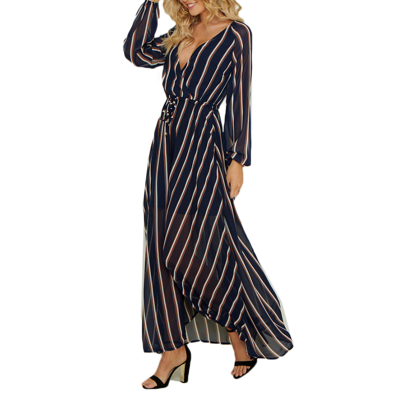 Women Swing Dress Spring Fall Ladies V-neck Long-sleeved Tie With Large Hem Stripes High Waist Long Maxi Dress, As pictures show
Women Swing Dress Spring Fall Ladies V-neck Long-sleeved Tie With Large Hem Stripes High Waist Long Maxi Dress, As pictures show