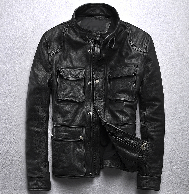 Genuine Leather Men jacket Cowhide Locomotive Clothing Zipper Stand collar Slim fit Black Youth Winter Coat 
Genuine Leather Men jacket Cowhide Locomotive Clothing Zipper Stand collar Slim fit Black Youth Winter Coat