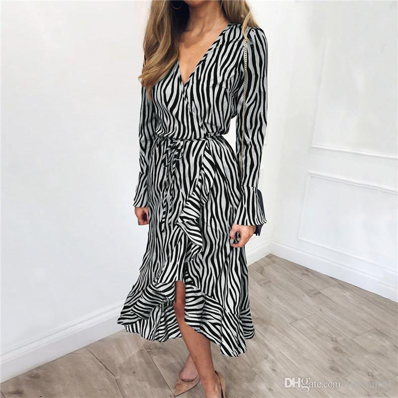 Summer Long Dresses 2020 Women Zebra Print Beach Chiffon Dress Casual Long Sleeve V Neck Ruffles Elegant Party Dress