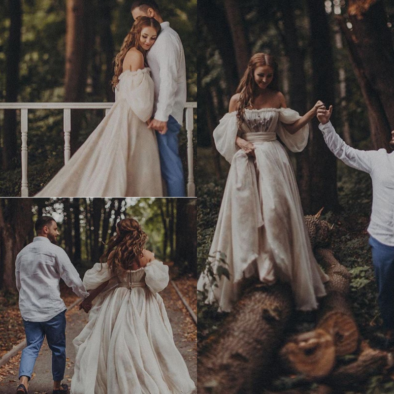 Princess Gothic Bohemian Wedding Dress Sexy Off Shoulder Puff Sleeve Puffy Bridal Gowns Long Train Rustic Country Wedding Gowns Hippie 2015