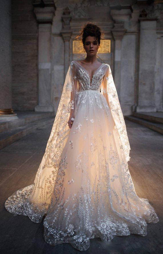 Beach A Line Wedding Dresses V Neck Lace Appliques Long Sleeves Bridal Gowns Plus Size Wedding Gown robe de mariée