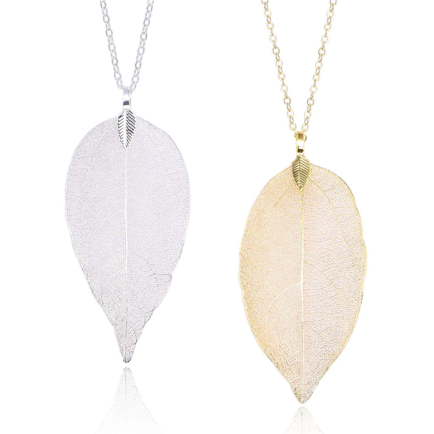 Natural Leaf Pendant Necklace with Leather Rope Gold and Silver Plated Luxury Multicolor Special Leaves Jewelry Gifts for Women and Girls New Fashion 