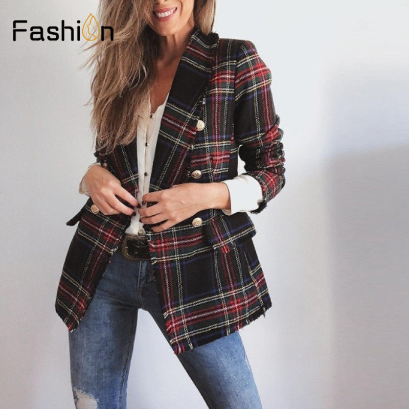 Wholesale-Vintage Double Breasted Coats Frayed Checked Tweed Blazers Coat Women Pockets Blazer Plaid Ladies Outerwear Casual Casaco Femme