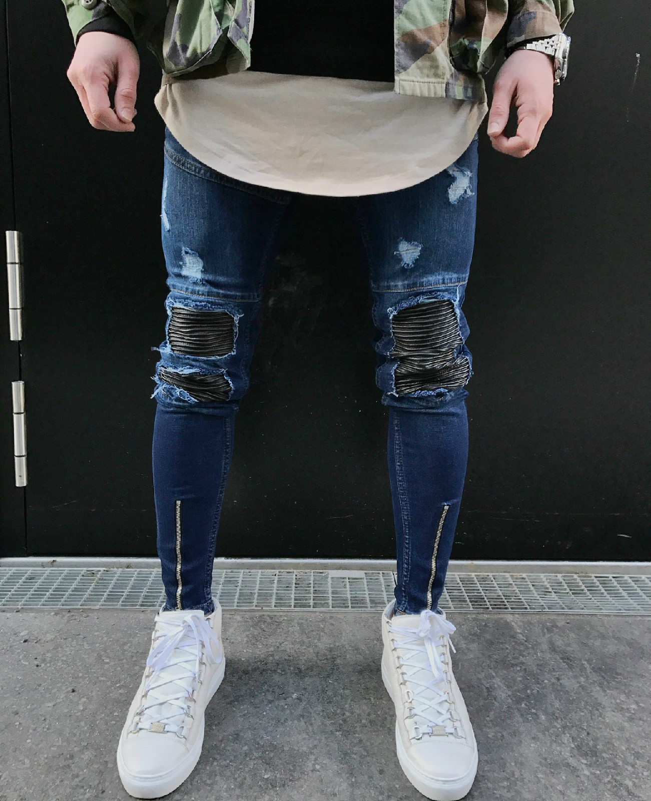 Fashion- Vintage Blue biker Jeans for men stretch denim skinny jeans Hip hop male streetwear Holes motorcycle pants