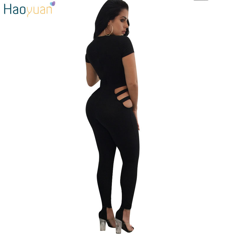 HAOYUAN Rompers Womens Jumpsuit Bodycon Hollow Out Overalls 2017 Fall Black Red Bodysuit Leotard Sexy Clubwear Bandage Jumpsuit q1110