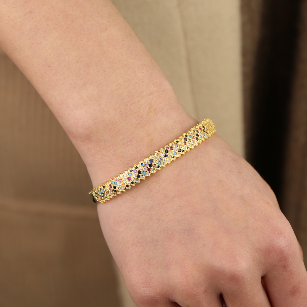 Behomia boho luxury wide band gold plated bangle micro pave colorful cubic zirconia cz gorgeous bracelet