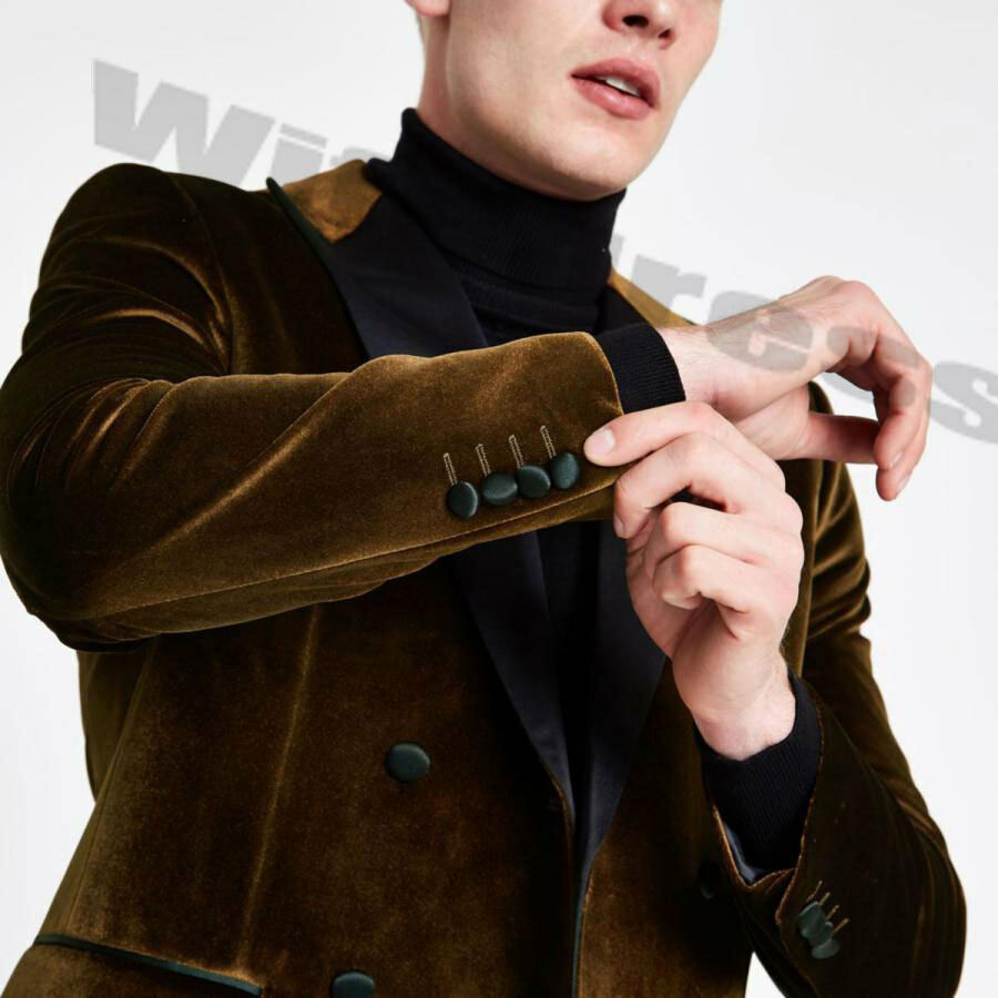 Brown Velvet Peaked Lapel Men's Suit Slim Fit Wedding Tuxedo Formal Groom Prom Dinner Leisure Blazer 2 Pieces (Jacket+Pants)